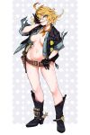  1girl :d ;d ahoge areola_slip belt biting biting_glove black_boots black_gloves black_jacket blonde_hair blue_shirt boots breasts brown_belt collared_shirt commentary cowboy_boots dokibird dokibird_(bounty_hunter) english_commentary feather_hair full_body gloves green_eyes grin groin gun handgun highres holster indie_virtual_youtuber jacket large_breasts legs looking_at_viewer naked_shirt navel neckerchief one_eye_closed pinstripe_pattern pinstripe_shirt robot_cat_(robotcatart) shirt short_hair simple_background smile solo spiked_hair spurs standing stomach thighs virtual_youtuber weapon yellow_neckerchief 