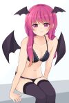  1girl bare_shoulders bat_wings black_bra black_legwear bra breasts cleavage collarbone commentary_request feet_out_of_frame head_wings highres koakuma leaning_forward light_blush long_hair looking_at_viewer medium_breasts parted_lips pink_eyes pink_hair simple_background sitting smile solo stigma1101 thighhighs touhou underwear white_background wings 