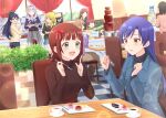  6+girls :d amami_haruka black_sweater blue_hair blue_jacket bow brown_hair chair commentary_request dessert faceless faceless_female food fork ganaha_hibiki hair_bow holding holding_fork hoshii_miki idolmaster idolmaster_(classic) indoors jacket kisaragi_chihaya kisaragi_ichigo long_hair long_sleeves multiple_girls on_chair open_mouth red_bow restaurant shijou_takane short_hair sitting smile sparkle sweater table turtleneck turtleneck_sweater 