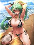  1girl absurdres animal_ears animal_print armpits arms_behind_head beach bell bikini black_sclera breasts cleavage colored_sclera commentary cow_ears cow_girl cow_horns cow_print cow_print_bikini cowbell crelly english_commentary fishnet_thighhighs fishnets green_hair grey_eyes grey_sclera heterochromia highres horns huge_breasts indie_virtual_youtuber long_hair mismatched_sclera mole mole_under_mouth outdoors ponytail print_bikini red_eyes ring_light_reflection sand shihir09 single_thighhigh solo squatting swimsuit thighhighs thighs virtual_youtuber water 