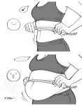  ! ... 1girl :o before_and_after big_belly breasts cleavage english_text expressionless fat greyscale head_out_of_frame highres measuring medium_breasts midriff miz7xf monochrome musical_note navel original pants speech_bubble spoken_exclamation_mark spoken_musical_note sports_bra tape_measure twitter_username waist_measuring weight_gain yoga_pants 