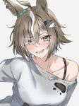  1girl animal_ears black_tank_top blue_eyes blush breasts brown_hair collarbone dress fang grey_dress hair_ornament hair_over_one_eye horse_ears horse_girl long_sleeves looking_at_viewer multicolored_hair open_mouth rulership_(casual)_(umamusume) rulership_(umamusume) short_hair simple_background single_bare_shoulder skin_fang solo spoonkoros streaked_hair tank_top torn_clothes torn_dress umamusume white_background 
