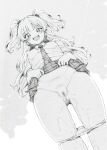  1girl :d absurdres ass_visible_through_thighs blush breasts censored clothes_lift collared_shirt commentary diagonal-striped_clothes diagonal-striped_necktie from_below greyscale hair_bobbles hair_ornament highres idolmaster idolmaster_cinderella_girls itano_chiharu jougasaki_rika lifting_own_clothes long_hair looking_at_viewer monochrome mons_pubis mosaic_censoring necktie open_mouth outdoors panties panty_pull pee peeing peeing_self pleated_skirt pussy shirt skirt skirt_lift small_breasts smile solo standing striped_clothes striped_necktie sweat twintails underwear white_shirt 