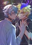  2boys alternate_costume amphoreus_(honkai:_star_rail) antenna_hair artist_name black_choker black_shirt blonde_hair blue_eyes broken_mirror choker closed_mouth collared_shirt cracked_skin diamond-shaped_pupils diamond_(shape) different_reflection dual_persona english_commentary fire from_behind glitch grey_hair hair_between_eyes hand_up highres honkai:_star_rail honkai_(series) long_sleeves looking_at_viewer male_focus mirror mizusaka_na multiple_boys phainon_(flame_reaver)_(honkai:_star_rail) phainon_(honkai:_star_rail) phainon_(khaslana)_(honkai:_star_rail) purple_fire reflection shirt short_hair smile space star_(sky) starry_sky_background symbol-shaped_pupils v-shaped_eyebrows white_shirt yellow_eyes 