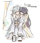  2girls black_hair blush closed_eyes colored_inner_hair commentary dress hug hug_from_behind iris_wen kettle long_hair love_curse:_find_your_soulmate multicolored_hair multiple_girls open_mouth pink_eyes pour-over_coffee purple_hair selene_yan smile tima white_dress white_hair yellow_dress yuri 