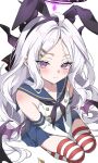  1girl ahoge black_halo black_neckerchief black_panties blue_archive blue_sailor_collar commentary_request cosplay demon_girl demon_horns demon_wings elbow_gloves gloves halo highleg highleg_panties highres hina_(blue_archive) horns kantai_collection long_hair microskirt multiple_horns neckerchief panties purple_eyes sailor_collar shimakaze_(kancolle) shimakaze_(kancolle)_(cosplay) skirt solo striped_clothes striped_thighhighs thighhighs thong thong_panties underwear white_hair wings yakizakana_(sakana_u_u) 