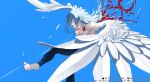  1boy barefoot blue_background blue_eyes closed_mouth commentary cursed_spirit_(jujutsu_kaisen) english_commentary feathered_wings grey_eyes heterochromia jujutsu_kaisen long_hair mahii_mahii mahito_(jujutsu_kaisen) simple_background solo stitched_arm stitched_face stitched_neck stitches wings 