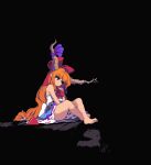  1girl bangs barefoot black_background blue_skirt bow commentary_request cuffs full_body hair_bow head_tilt horn_ornament horn_ribbon horns ibuki_suika long_hair low-tied_long_hair orange_eyes orange_hair purple_ribbon pyramid red_bow red_neckwear ribbon ribbon-trimmed_skirt ribbon_trim shackles shirt simple_background sitting skirt solo takorin torn_clothes torn_sleeves touhou v_arms very_long_hair white_shirt 