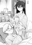  2girls :3 ;3 bespectacled book breasts cleavage closed_mouth commentary_request door electric_kettle expressionless glasses greyscale hair_between_eyes hair_down head_on_pillow highres holding holding_book indoors inuidaiji japanese_clothes kettle kimono light_switch long_hair long_sleeves looking_at_viewer lying monochrome multiple_girls narita_miho on_back one_eye_closed open_book parted_bangs pillow reading sasaki_fuuka short_hair sidelocks sitting sketch teapot watashi_ga_motenai_no_wa_dou_kangaetemo_omaera_ga_warui! wide_sleeves yukata 