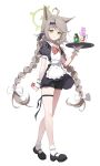  1girl absurdres ahoge alternate_costume alternate_hairstyle animal_ears apron bike_shorts blue_archive bow braid commentary_request condom condom_wrapper drink fox_ears fox_girl green_eyes green_halo hair_bow halo haniwa_(statue) highres jewelry long_hair maid maid_apron maid_headdress nammmmer official_alternate_hairstyle otogi_(blue_archive) simple_background smile solo thighlet tray twin_braids very_long_hair white_background wrist_cuffs 