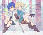  2boys back-to-back black_gloves black_shorts blonde_hair blue_eyes blue_hair blue_shirt boots brown_boots brown_gloves brown_shorts cytus dated gloves high_collar holding holding_sword holding_weapon invisible_chair male_focus meteo_(cytus) meteor_(cytus) multiple_boys shirt shorts sitting sleeveless sleeveless_shirt striped_clothes striped_shorts sword ueiz vertical-striped_clothes vertical-striped_shorts weapon white_shirt yellow_eyes 