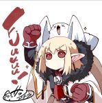  >_< 1girl aharu_(saigo_no_elf) animal_on_head bird bird_on_head blonde_hair cape clenched_hands earrings fur-trimmed_hood fur_trim highres hood hooded_cape jewelry necktie no_mouth on_head pointy_ears raised_fist red_eyes red_necktie saigo_no_elf sawano_akira signature solo sparkle v-shaped_eyebrows white_cape 
