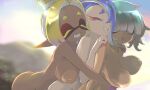  3girls :o alternate_breast_size_(larger) aqua_hair armpit_crease blonde_hair blue_hair bouncing_breasts breasts breasts_apart closed_eyes colored_extremities colored_eyelashes completely_nude cowboy_shot dark-skinned_female dark_skin fang freckles from_side frye_(splatoon) girl_sandwich gradient_hair hair_over_eyes hair_over_one_eye hands_on_another's_shoulders happy hideyoshi_(swliyhbpe9xqqze) highres hug hug_from_behind inkling inverted_nipples large_areolae large_breasts long_pointy_ears mechanic_(splatoon_raiders) medium_hair multicolored_hair multiple_girls nipples nude octoling onsen open_mouth outdoors parted_lips pointy_ears purple_hair sandwiched shiver_(splatoon) short_eyebrows smile splatoon_(series) teeth tentacle_hair thick_eyebrows unaligned_breasts wet 