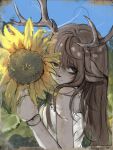  1girl absurdres animal_ears antlers blue_sky brown_eyes brown_hair deer_girl doll_joints flower freckles highres horns joints long_hair looking_at_viewer looking_back original sky solo_focus stuffbecauseidk sunflower tank_top upper_body white_tank_top 