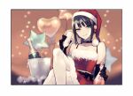  1girl alcohol bangs bare_shoulders black_gloves black_hair blurry bottle bow breasts bucket choker christmas closed_mouth collarbone commentary_request crossed_legs cup dress earrings elbow_gloves fate/grand_order fate_(series) flower flower_earrings fur-trimmed_dress fur_trim gloves green_eyes hat heart_balloon holding holding_bottle holding_cup jewelry jing_ke_(fate) kanitama_(putyourhead) long_hair looking_at_viewer ponytail red_flower ribbon santa_costume santa_hat sidelocks sleeveless smile solo sparkle star_balloon whiskey 