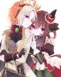  2girls ahoge animal_ears ascot black_ascot black_gloves blue_eyes blush braid braided_hair_rings breasts brown_hair closed_mouth colored_bangs commentary_request corset crossed_arms dress ear_covers ear_ornament gem gentildonna_(regina_dei_fiori)_(umamusume) gentildonna_(umamusume) gloves green_gem hair_between_eyes hair_ornament hair_rings heart-shaped_ornament heart_ear_ornament highres horse_ears horse_girl horse_tail jacket large_breasts long_hair long_sleeves multicolored_hair multiple_girls orange_hair orfevre_(control)_(umamusume) orfevre_(umamusume) parted_lips purple_eyes red_corset red_eyes reya_p_d3 simple_background single_ear_cover tail two-tone_hair umamusume white_background white_hair white_jacket 