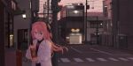  1girl absurdres alcohol antimony_51 black_dress black_ribbon blue_eyes bottle building commentary_request crosswalk dress dusk hair_intakes hair_ribbon highres holding holding_bottle jacket kamiina_botan kamiina_botan_yoeru_sugata_wa_yuri_no_hana long_hair outdoors parted_lips pink_hair power_lines ribbon road solo street traffic_light two_side_up utility_pole whiskey white_jacket 
