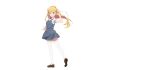  1girl anime_coloring blonde_hair brown_shoes closed_mouth collared_shirt dress from_behind full_body green_eyes grey_dress hairband heanna_sumire heel_up highres loafers long_hair looking_at_viewer love_live! love_live!_superstar!! neck_ribbon negative_space official_art pinafore_dress pleated_dress red_hairband red_ribbon ribbon school_uniform shirt shoes short_dress short_sleeves simple_background sleeveless sleeveless_dress smile solo standing straight_hair summer_uniform tachi-e thighhighs transparent_background white_shirt white_thighhighs yuigaoka_school_uniform zettai_ryouiki 