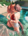  2girls 3d_background absurdres angelina_(arknights) angelina_(summer_flower)_(arknights) animal_ears arknights bikini brown_hair casual_one-piece_swimsuit caustics choker chromatic_aberration commentary commission cross-laced_clothes cross-laced_shorts day denim denim_shorts english_commentary english_text film_grain fox_ears fox_girl fox_tail french_kiss gandy_(gan3e46) grabbing_another's_hand hand_in_another's_hair highres kiss material_growth multiple_girls official_alternate_costume one-piece_swimsuit oripathy_lesion_(arknights) otter_ears otter_girl otter_tail outdoors partially_immersed pool red_one-piece_swimsuit roberta_(arknights) roberta_(summer_flowers)_(arknights) short_shorts shorts sideless_shorts signature spaghetti_strap swimsuit tail water white_bikini white_choker white_shorts yuri 