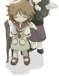  2girls angel_wings black_hair brown_hair brushing_another's_hair brushing_hair chair closed_eyes commentary_request crying facing_viewer haibane_renmei halo long_hair long_skirt multiple_girls ny4_3zk on_chair rakka_(haibane_renmei) reki_(haibane_renmei) school_uniform serafuku short_hair sitting skirt white_background wings 