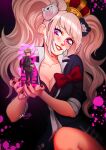  1boy 1girl absurdres aquaxtic artist_name bear_hair_ornament black_jacket black_pants black_shirt blonde_hair blood blood_splatter blue_eyes blush bow bowtie breasts brown_hair cleavage collarbone collared_shirt colored_blood commentary crown danganronpa:_trigger_happy_havoc danganronpa_(series) english_commentary enoshima_junko eyelashes fingernails giant giantess green_eyes green_hoodie hair_ornament highres hood hood_down hoodie jacket lips long_hair long_sleeves naegi_makoto nail_polish necktie nostrils open_clothes open_jacket open_mouth pants pink_blood pink_pupils red_bow red_bowtie red_nails shirt smile standing twintails white_necktie 