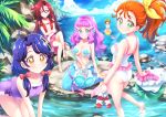  5girls ahoge ass bent_over blue_eyes blue_hair blue_sky bow breasts brown_eyes brown_hair closed_mouth commentary_request day glasses hair_between_eyes hair_bow hair_ornament ichinose_minori large_breasts laura_(precure) legs long_hair looking_at_viewer medium_breasts mermaid mini_koala monster_girl multiple_girls natsuumi_manatsu ocean one-piece_swimsuit orange_hair outdoors pink_hair ponytail precure purple_eyes purple_swimsuit red_bow red_hair shell short_hair sitting sky smile standing sunlight suzumura_sango swimsuit swimwear takizawa_asuka topless tropical-rouge!_precure water white_swimsuit 