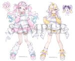  2girls :d above-cleavage_cutout ahoge apron arm_strap asymmetrical_legwear bandaid bandaid_on_knee bandaid_on_leg blonde_hair blue_eyes blue_hair blunt_bangs blush braid braided_base closed_mouth clothing_cutout commentary company_name copyright_name copyright_notice crossed_bangs detached_sleeves eyelashes fishnet_pantyhose fishnets full_body gradient_hair hair_ornament hairband hand_on_own_hip heart heart_o-ring jacket leg_warmers long_hair long_sleeves looking_at_viewer maid maid_apron maid_headdress medium_hair mikan_(mikataaaa) mimirun multicolored_hair multiple_girls nail_polish nijisanji o-ring o-ring_thigh_strap official_art one_eye_closed pantyhose pink_hair pink_hairband pink_jacket pink_nails pink_shoes pomelo_punch purin_lala_mode purple_hair purple_hairband purple_nails sample_watermark shiputan shoes simple_background smile socks star_(symbol) star_hair_ornament striped_clothes striped_jacket teeth thigh_strap track_jacket twintails unconventional_maid upper_teeth_only virtual_youtuber watermark white_apron white_background white_leg_warmers white_socks wing_hair_ornament x_hair_ornament yellow_jacket yellow_shoes 