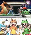  1girl 2boys brown_hair charizard charizard_(cosplay) clenched_hands cosplay f.l.u.d.d. facial_hair fake_tail fake_wings game_screenshot_inset gloves green_shirt highres ivysaur ivysaur_(cosplay) kicdon leaf_(pokemon) mario mario_(series) multiple_boys mustache open_mouth poke_ball poke_ball_(basic) pokemon pokemon_(creature) pokemon_firered_and_leafgreen red_(pokemon) screenshot_inset shirt sleeveless sleeveless_shirt smile squirtle squirtle_(cosplay) super_smash_bros. tail v white_gloves wings 