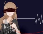  1girl ahoge akisan_(prsk_ak1) black_shirt blue_background brown_hair cardiogram clothes_writing commentary_request covered_eyes facing_viewer idolmaster idolmaster_million_live! long_hair shirt simple_background solo string string_of_fate tears tokoro_megumi upper_body 
