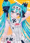  1girl absurdres arm_behind_head bare_arms bare_shoulders blue_eyes blue_hair blush closed_mouth commentary_request double-parted_bangs double_bun frilled_skirt frills goodsmile_company goodsmile_racing grid_background hair_bun hatsune_miku highres long_hair looking_at_viewer multicolored_hair orange_background outline purple_streaks racing_miku racing_miku_(2026) sakanoi_noa shirt skirt sleeveless sleeveless_shirt smile solo streaked_hair twintails upper_body vocaloid white_shirt white_skirt 