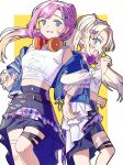  2girls :d anyoji_hime black_skirt blonde_hair blue_eyes blue_jacket border breasts camisole commentary fang feet_out_of_frame frilled_jacket frills gradient_hair hair_ornament hairband headphones headphones_around_neck highres jacket kai_(shell) locked_arms long_sleeves looking_at_viewer love_live! love_live!_hasu_no_sora_jogakuin_school_idol_club medium_breasts midriff miniskirt mira-cra_park! multicolored_hair multiple_girls off_shoulder open_clothes open_jacket open_mouth osawa_rurino outside_border pink_hair ponytail profile see-through_clothes see-through_sleeves shirt sideways_mouth simple_background skirt sleeveless sleeveless_shirt smile standing tomodachi_ni_nareru_basho untranslatable_commentary virtual_youtuber white_border white_camisole white_hairband white_shirt yellow_background 