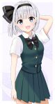  1girl :d absurdres arm_behind_head arm_up black_bow black_hairband black_neckwear blue_eyes blush bow bowtie buttons commentary_request contrapposto cowboy_shot eyebrows_visible_through_hair green_skirt green_vest hair_ribbon hairband highres hitodama konpaku_youmu konpaku_youmu_(ghost) looking_at_viewer open_mouth pleated_skirt ribbon short_hair silver_hair simple_background skirt smile solo stigma1101 touhou vest white_background 