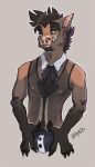  anthro bow_tie brown_hair bulge claws clothed clothing davad_(odissy) ear_piercing eyebrow_piercing facial_piercing hair half-closed_eyes hi_res male mammal mohawk nails narrowed_eyes nose_piercing nose_ring piercing raiyk sharp_teeth shirt skimpy solo suid suina sus_(pig) tank_top teeth topwear translucent translucent_clothing tusks underwear wild_boar 