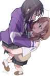  2girls absurdres ai_(girls_band_cry) black_hair brown_hair brown_shoes brown_sweater_vest commentary diagonal-striped_clothes diagonal-striped_necktie girls_band_cry grey_skirt highres hood hood_down hooded_jacket jacket kuji_(orca9ji) lifting_person loafers long_hair low_twintails multiple_girls necktie open_clothes open_jacket open_mouth pleated_skirt purple_jacket rin_(girls_band_cry) school_uniform shoe_dangle shoes simple_background skirt socks striped_clothes striped_necktie sweater_vest twintails untranslatable_commentary white_background white_socks yuri 
