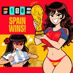  1boy 2026_fifa_world_cup 2girls :d anger_vein angry argentina argentinian_national_soccer_team_uniform atomiksaico biting biting_clothes black_hair brown_hair clenched_teeth commentary crying empty_eyes glaring highres holding holding_trophy light_blush lionel_messi long_hair looking_at_viewer looking_to_the_side mole mole_under_eye multiple_girls panties puff_of_air smile soccer_uniform solid_circle_eyes spain spanish_flag_print spanish_national_soccer_team_uniform sportswear tan teeth trophy underwear untranslatable_commentary wavy_hair world_cup 