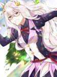  1girl absurdres ahoge alternate_costume animal_ears biwa_hayahide_(pf._winning_equation...)_(umamusume) biwa_hayahide_(umamusume) black_shirt blush bow breasts clenched_teeth collared_shirt commentary_request ear_ornament glasses grey_hair hair_ornament highres horse_ears horse_girl horse_tail jacket long_hair long_sleeves medium_breasts minatsuki_yurara open_mouth purple_jacket purple_skirt red-framed_eyewear red_bow running semi-rimless_eyewear shirt skirt sky solo sweat tail teeth tree umamusume white_hair yellow_eyes 