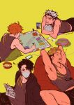  4boys armpit_hair armpits black_hair black_shorts black_tank_top blonde_hair board_game bokuto_koutarou cellphone charging_device commentary english_commentary food freckles green_background haikyuu!! highres hinata_shouyou holding holding_manga hood hood_down hooded_jacket jacket lying male_focus manga_(object) mask miya_atsumu mole mole_on_forehead mouth_mask multicolored_hair multiple_boys on_stomach orange_armpit_hair orange_hair padeliciouss phone popcorn sakusa_kiyoomi short_hair short_shorts shorts simple_background sleeping smartphone tank_top twitter_username two-tone_hair undercut white_hair zzz 