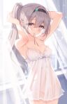  1girl alternate_hairstyle azusa_(980650076) babydoll black_hairband breasts chemise cleavage closed_mouth commentary_request cowboy_shot curtains firefly_(honkai:_star_rail) grey_hair hair_intakes hairband highres honkai:_star_rail honkai_(series) looking_at_viewer medium_breasts mouth_hold no_panties ponytail purple_eyes ribbon ribbon_in_mouth see-through_babydoll see-through_clothes solo standing tying_hair white_chemise 