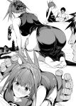  1boy 1girl ass ass_focus barefoot blush breasts chicke_iii china_dress chinese_clothes cleavage collar dress folded_hair greyscale highres large_breasts large_hands lee_bailong long_hair monochrome scar sex_toy shaman_king sweat tao_jun whip 