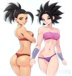  2021 2girls ass bandeau bikini black_eyes black_hair breasts caulifla cleavage dimples_of_venus dragon_ball dragon_ball_super earrings groin jammeryx jewelry kale_(dragon_ball) lowleg lowleg_bikini medium_breasts mismatched_bikini multiple_girls navel pink_bikini pink_lips ponytail red_bikini red_lips signature smile spiked_hair swimsuit vambraces watermark web_address 