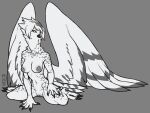  anthro avian beak bird bird_feet breasts bubo_(genus) feathered_wings feathers female genitals hair kelvin_(onom) kneeling misericorde nipples non-mammal_breasts nude owl pussy snowy_owl solo spots talons true_owl white_body white_feathers white_hair wings yellow_eyes 