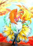 025aki anthro anthrofied bedroom_eyes big_breasts blonde_hair breasts convenient_censorship detailed_background feathers female green_body green_feathers hair hair_covering_breasts hi_res ho-oh legendary_pok&eacute;mon long_hair narrowed_eyes nintendo non-mammal_breasts nude pok&eacute;mon pok&eacute;mon_(species) red_body red_eyes red_feathers seductive solo tail_feathers traditional_media_(artwork) video_games white_body white_feathers wide_hips winged_arms wings yellow_body yellow_feathers 
