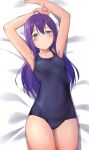  1girl absurdres ahoge arms_up bed blue_swimsuit cowboy_shot flat_chest green_eyes hair_between_eyes highres idolmaster idolmaster_million_live! kuro_kinkan long_hair lying mochizuki_anna purple_hair school_swimsuit solo swimsuit 