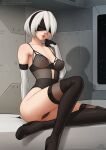  1girl bare_shoulders bed black_blindfold black_gloves black_hairband black_legwear blindfold bra breasts cleavage collarbone deilan12 elbow_gloves english_commentary facing_viewer gloves hairband highleg highres indoors leotard medium_breasts mole mole_under_mouth nier_(series) nier_automata on_bed open_mouth short_hair signature silver_hair sitting solo thighhighs underwear watermark web_address yorha_no._2_type_b 