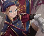  1boy bangs banner blonde_hair blue_eyes blue_headwear boots closed_mouth commentary_request earrings gloves hat highres jewelry knee_up link long_hair long_sleeves looking_at_viewer male_focus military military_uniform pointy_ears royal_guard_set_(zelda) seri_(yuukasakura) sidelocks signature solo the_legend_of_zelda the_legend_of_zelda:_breath_of_the_wild triforce_print uniform white_gloves 