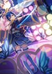  1girl angelic_angel armpits bangs blue_hair boots braid bug butterfly commentary_request concert fan folding_fan hair_between_eyes hair_rings highres insect japanese_clothes kimono kimono_skirt light long_hair looking_at_viewer love_live! love_live!_school_idol_project love_live!_the_school_idol_movie macken666 outstretched_arm solo sonoda_umi spotlight stage stage_lights swept_bangs thigh_boots thighhighs twin_braids white_footwear yellow_eyes 