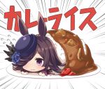  1girl animal_ears black_headwear blue_flower blue_rose brown_hair commentary_request curry curry_rice emphasis_lines flower flying_sweatdrops food gyokuto_b hat hat_flower horse_ears horse_girl in_food long_hair lying on_stomach plate purple_eyes rice rice_shower_(umamusume) rose simple_background smile solo tilted_headwear umamusume white_background 