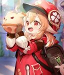  1girl :d absurdres backpack bag bangs blonde_hair blurry blurry_background bow brown_gloves cabbie_hat commentary_request day depth_of_field dress eyebrows_visible_through_hair genshin_impact gloves hair_between_eyes hands_up hat hat_feather highres holding klee_(genshin_impact) lolo_(kemonono) long_sleeves looking_away low_twintails open_mouth outdoors pointy_ears puffy_long_sleeves puffy_sleeves red_dress red_eyes red_headwear sleeves_past_wrists smile solo twintails white_bow white_feathers 