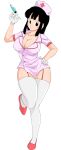  1girl absurdres black_eyes black_hair breasts chi-chi_(dragon_ball) cleavage doctor dougi dragon_ball eyebrows_visible_through_hair hair_between_eyes hand_on_hip hat highres holding nurse nurse_cap red_footwear simple_background smile solo thighhighs white_background 