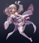  1girl :o absurdres bangs bare_shoulders boots braid breasts cleavage commentary_request detached_sleeves elf emilia_(re:zero) flower frilled_sleeves frills full_body gem gradient gradient_background grey_flower hair_flower hair_ornament hair_ribbon highres leg_up long_hair long_sleeves looking_at_viewer low-tied_long_hair medium_breasts miniskirt pleated_skirt pointy_ears purple_eyes purple_ribbon re:zero_kara_hajimeru_isekai_seikatsu ribbon silver_hair skirt solo thigh_boots thighhighs white_legwear wide_sleeves x_hair_ornament zetto_(zet) 